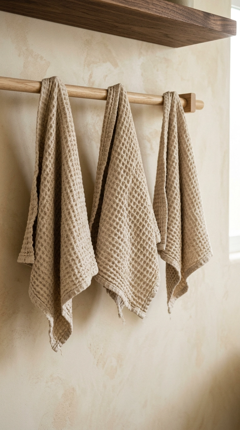 Undyed oatmeal waffle weave towels on a pale oak dowel bar
