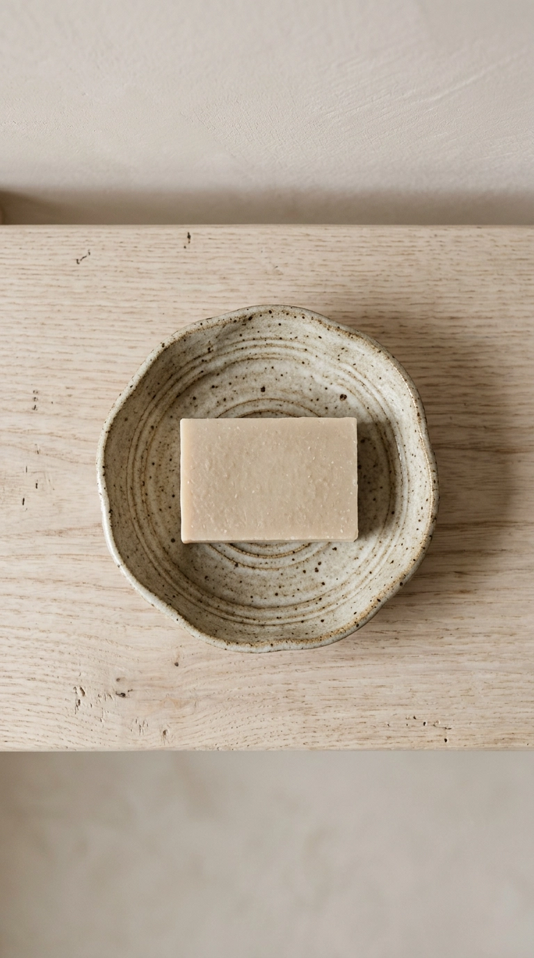 Hand-thrown stoneware soap dish with an uneven rim on a pale ash shelf