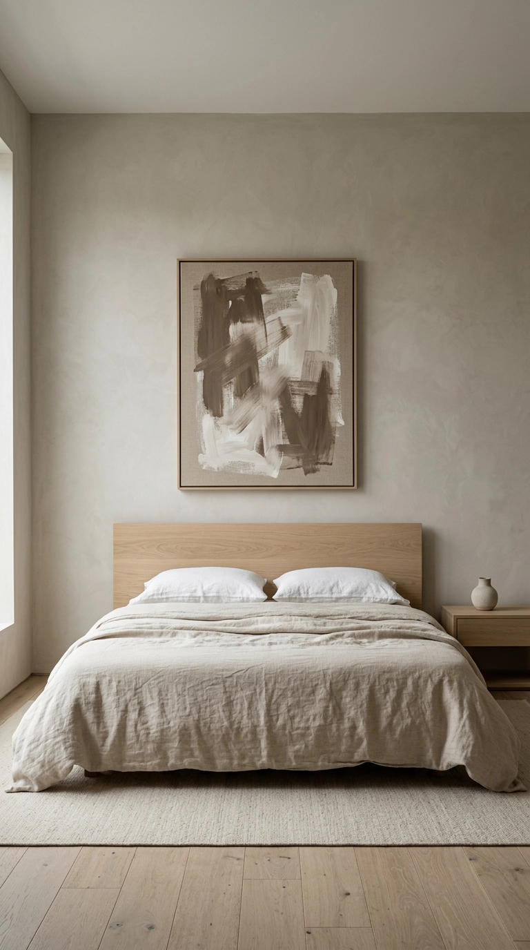 Single large abstract umber artwork above a low oak headboard in a japandi bedroom