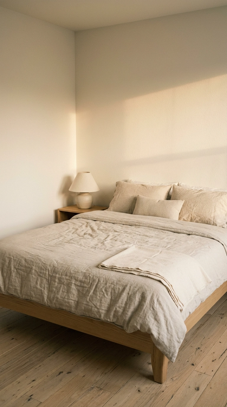 Japandi bedroom in warm white, oatmeal and pale oak with low bed frame