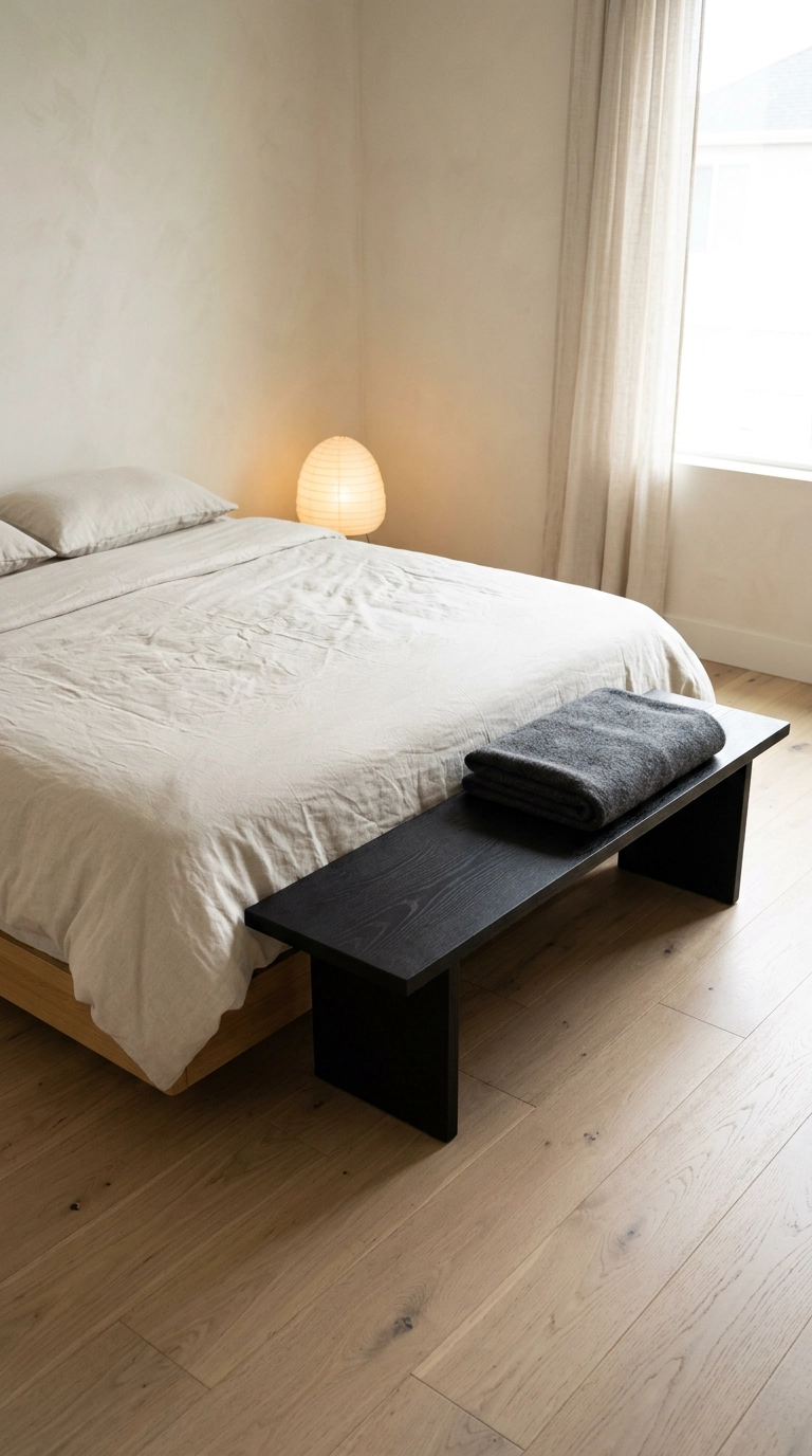 Low black-stained oak bench at the foot of a japandi bed with folded throw
