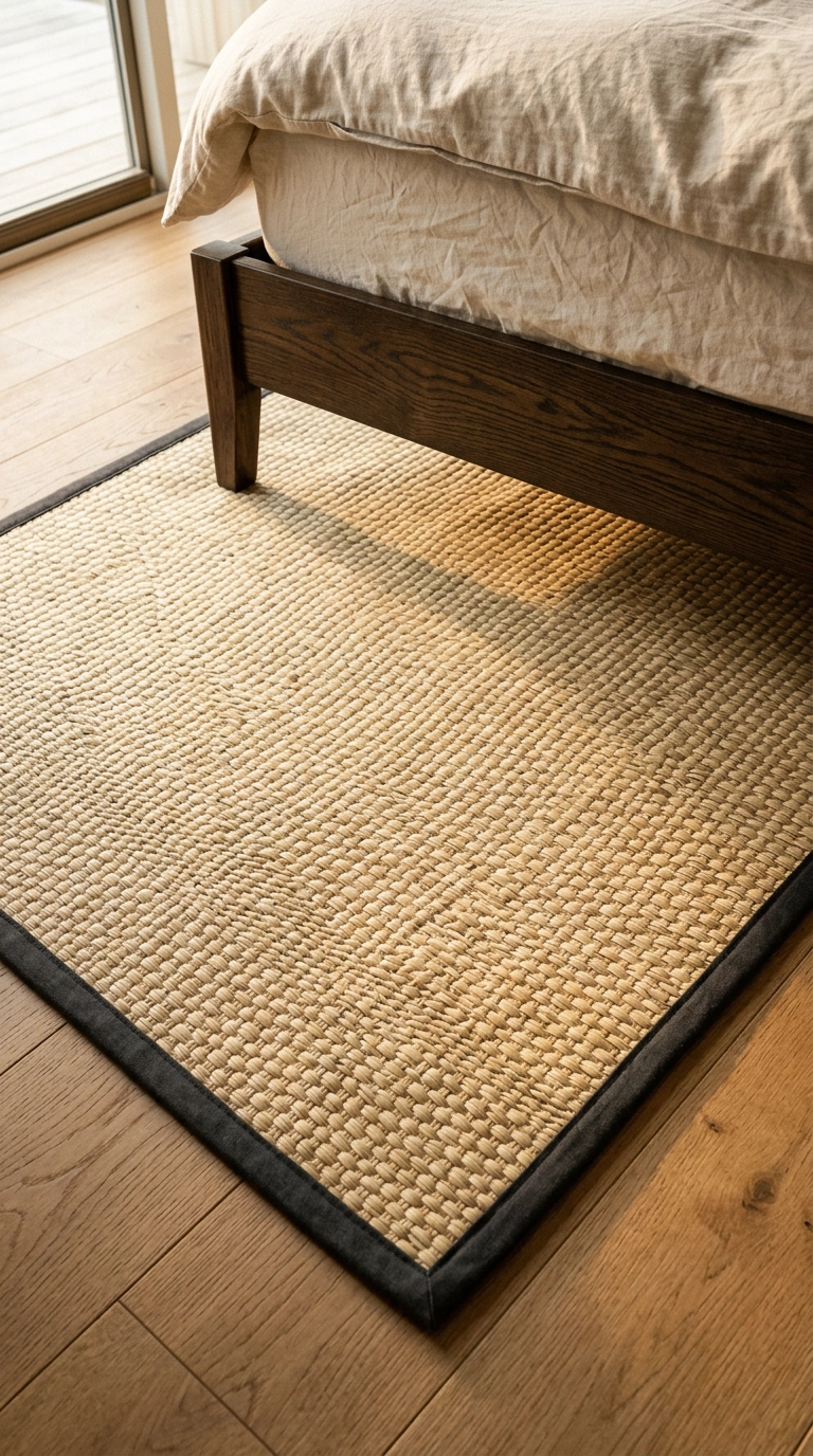Tatami-inspired woven rush mat with charcoal binding under a low bed