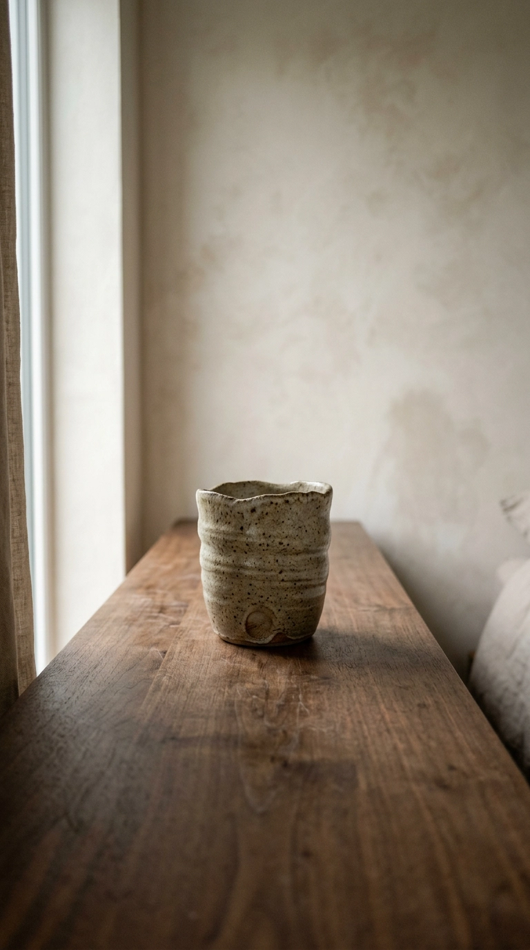 Hand-thrown speckled stoneware vessel alone on a bare walnut dresser