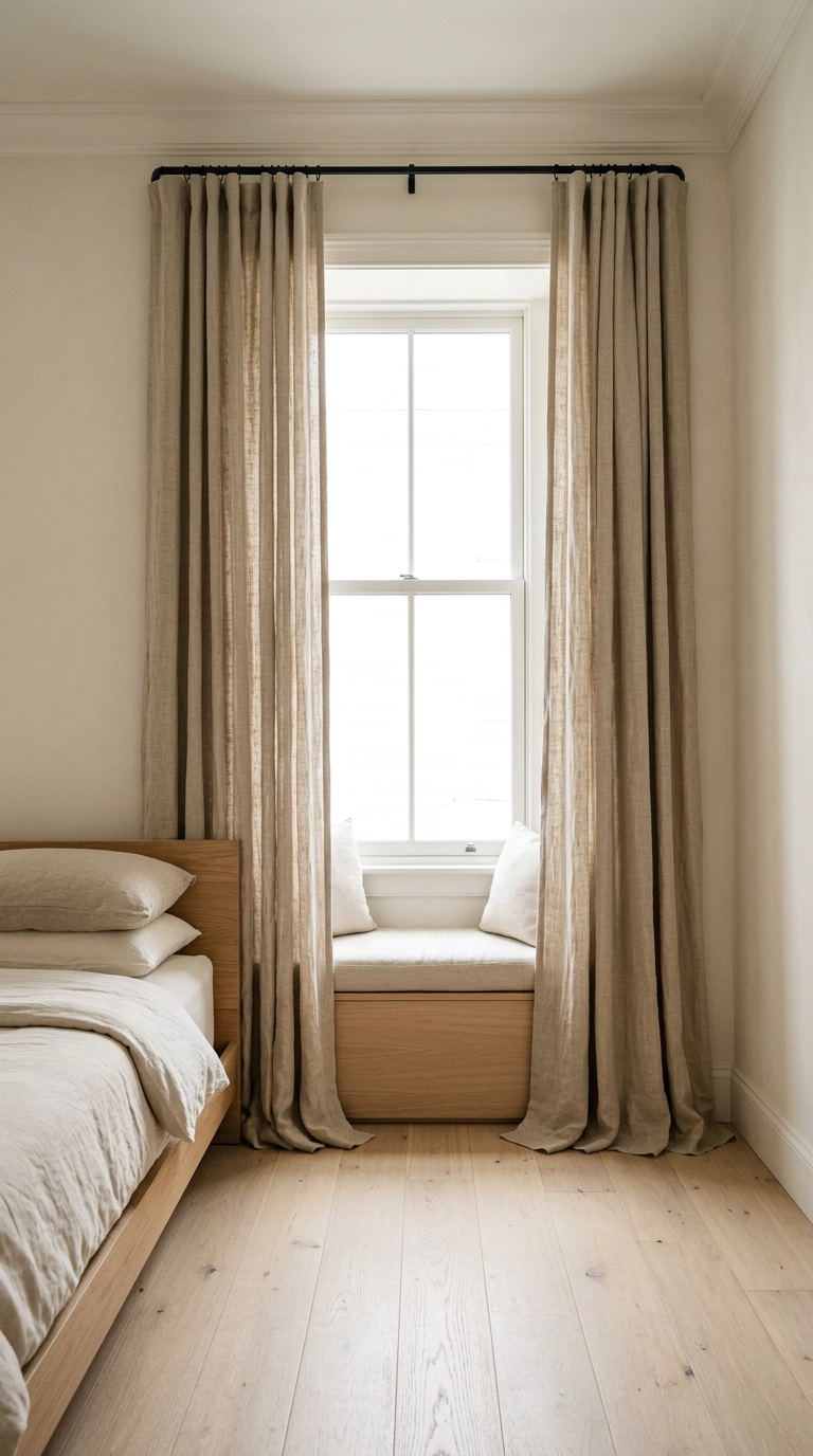Flax linen curtains on a high-mounted black rod framing a japandi window