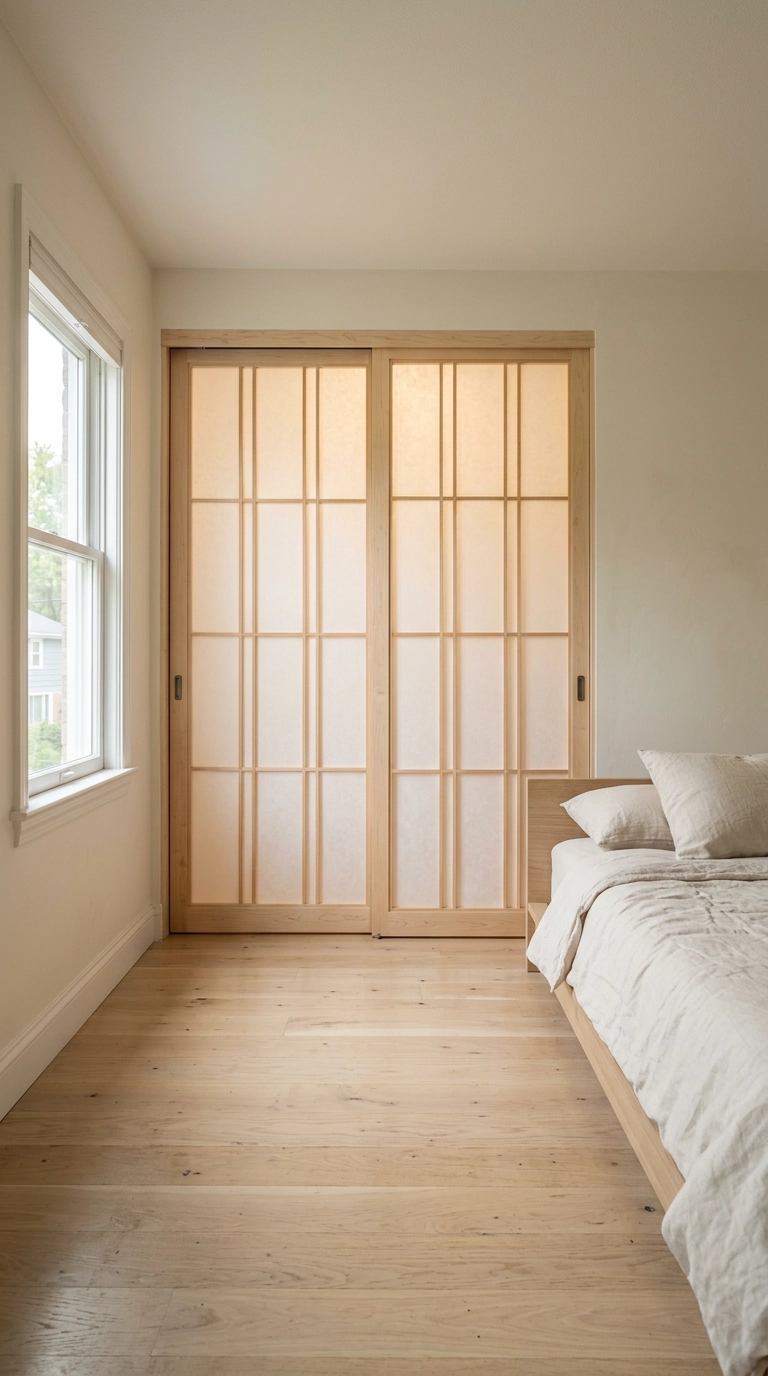 Shoji-inspired rice paper sliding closet doors in a japandi bedroom