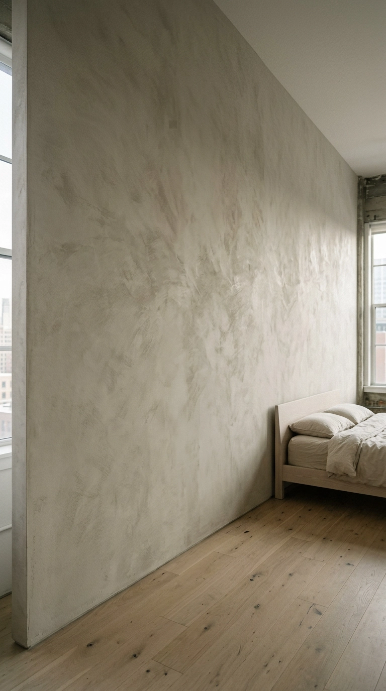 Deliberately empty limewash plaster wall in a japandi bedroom