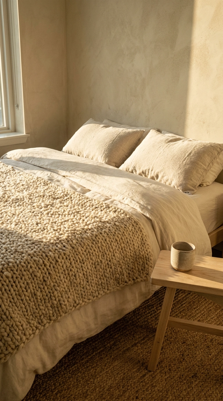 Layered wool, linen and jute textures in a single ecru japandi palette