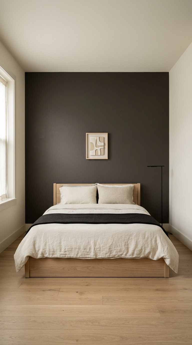 Deep charcoal taupe accent wall behind a low oak bed in a japandi bedroom