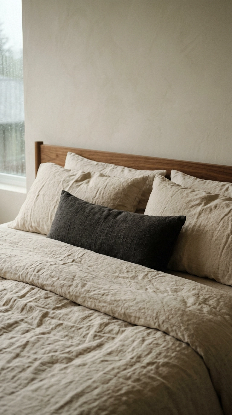 Rumpled ecru linen bedding with charcoal lumbar pillow on a japandi bed