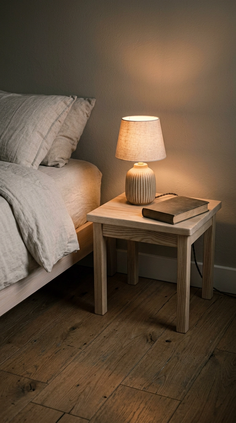 Pale ash stool used as a low bedside table with a single ceramic lamp