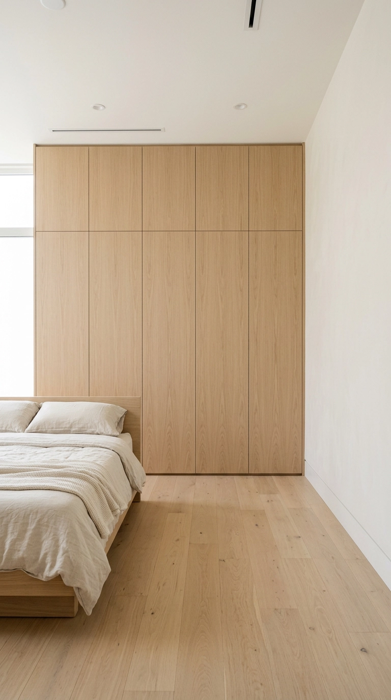 Handle-free pale oak built-in storage wall in a japandi bedroom
