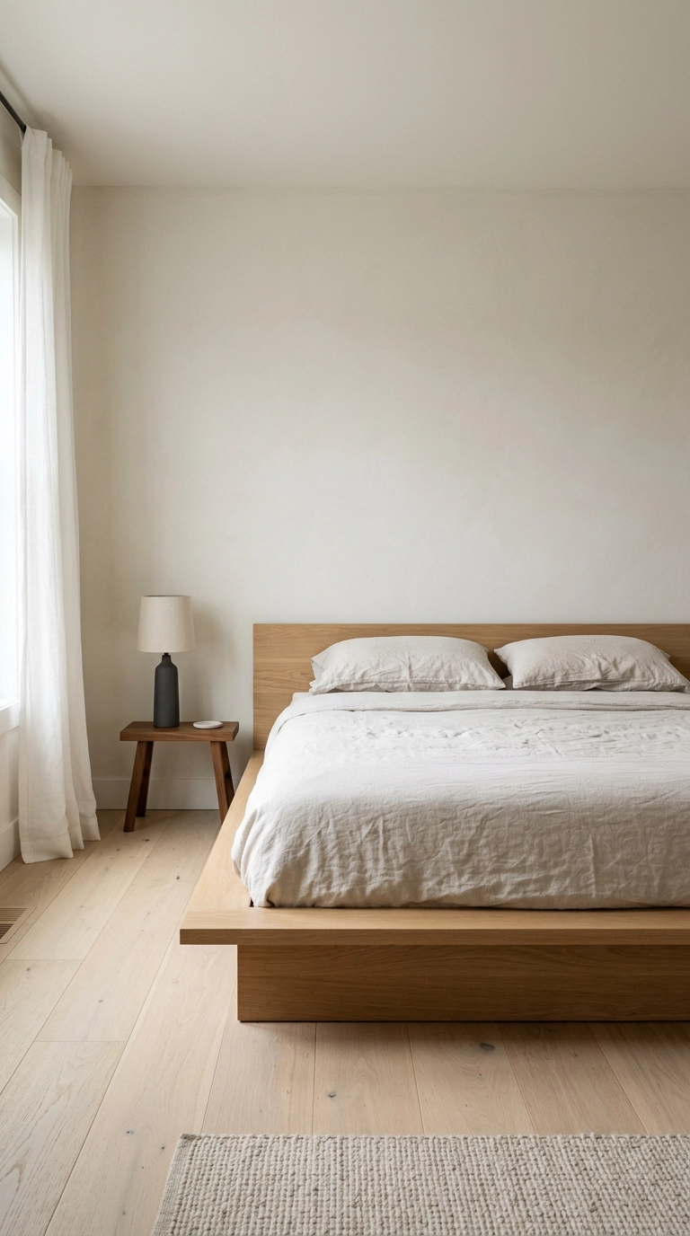 Low white oak platform bed with oatmeal linen bedding in a japandi bedroom