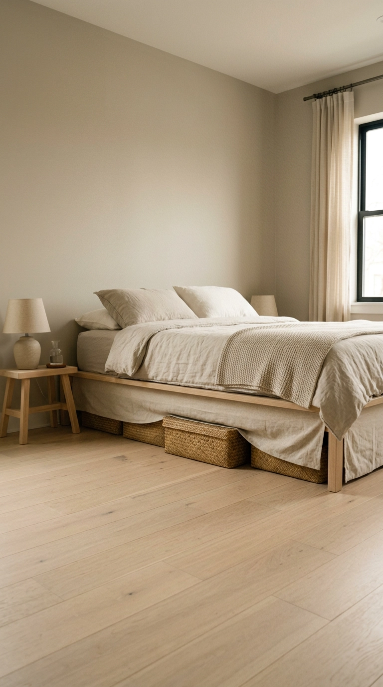 Woven seagrass under-bed storage boxes tucked under a low japandi bed