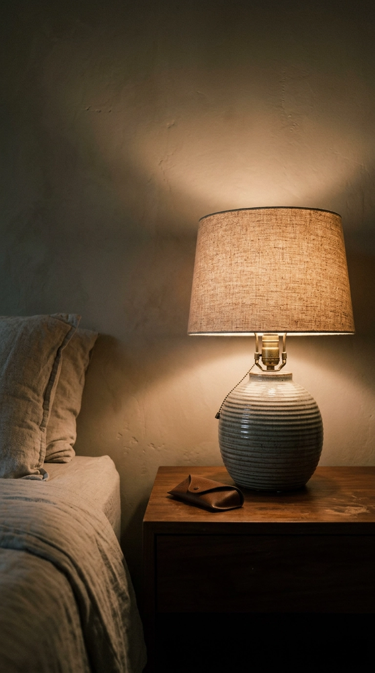 Ribbed ash-glazed ceramic bedside lamp with linen shade glowing warm
