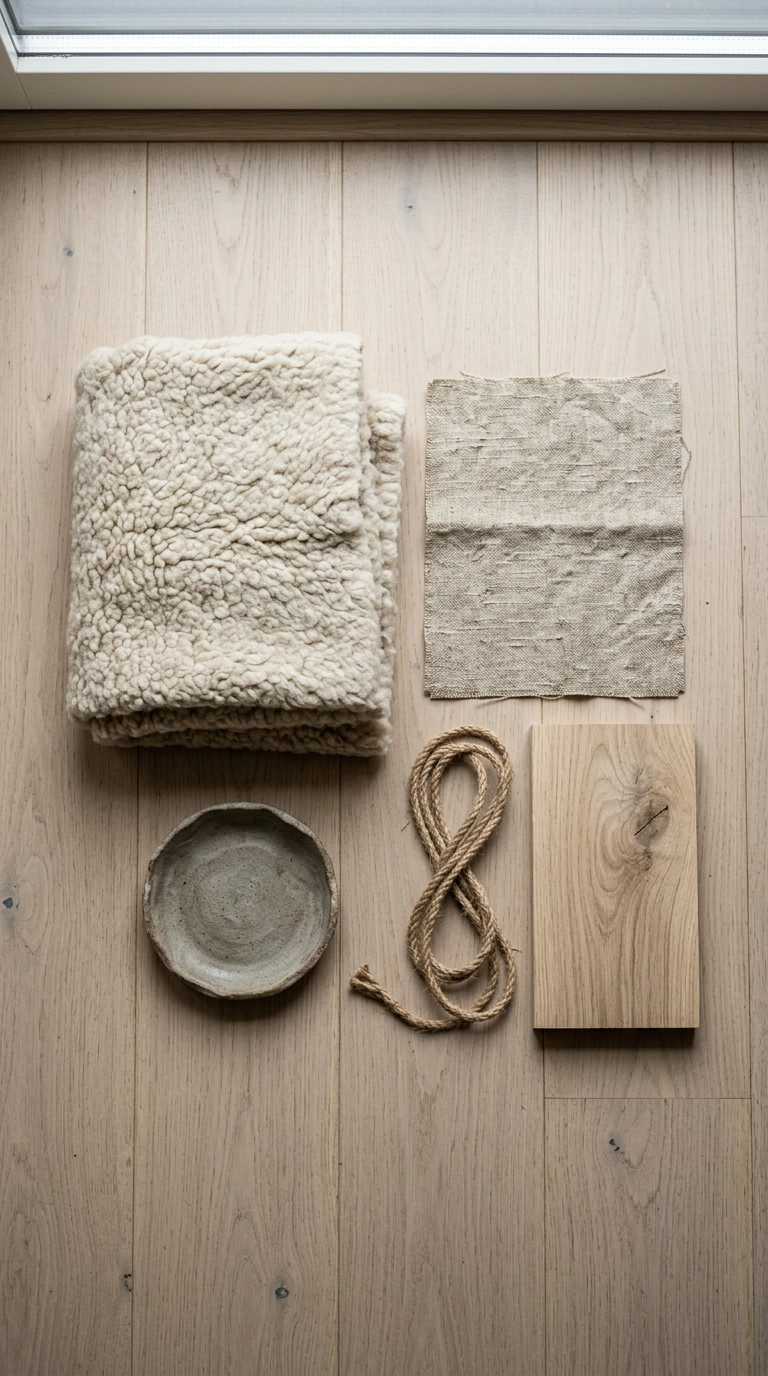 Flat lay of wool, linen, stoneware, jute and raw oak japandi materials