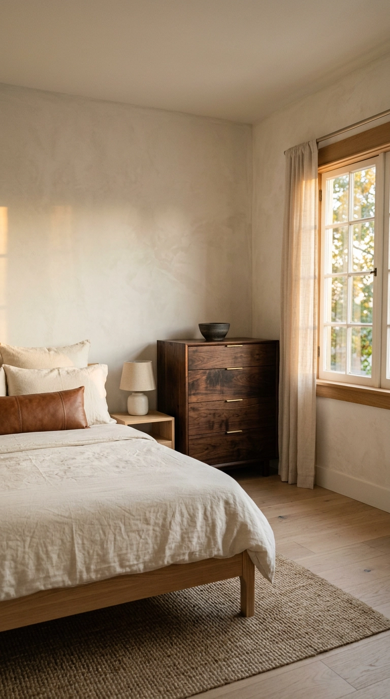 Smoked walnut dresser anchoring a pale oak japandi bedroom