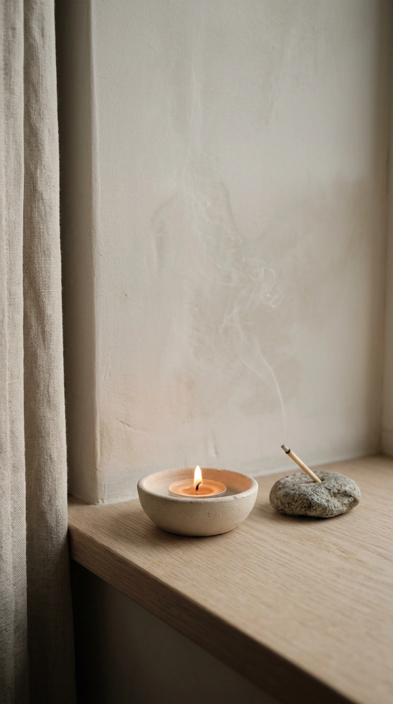 Ceramic tea candle and incense on a low oak windowsill in a japandi bedroom