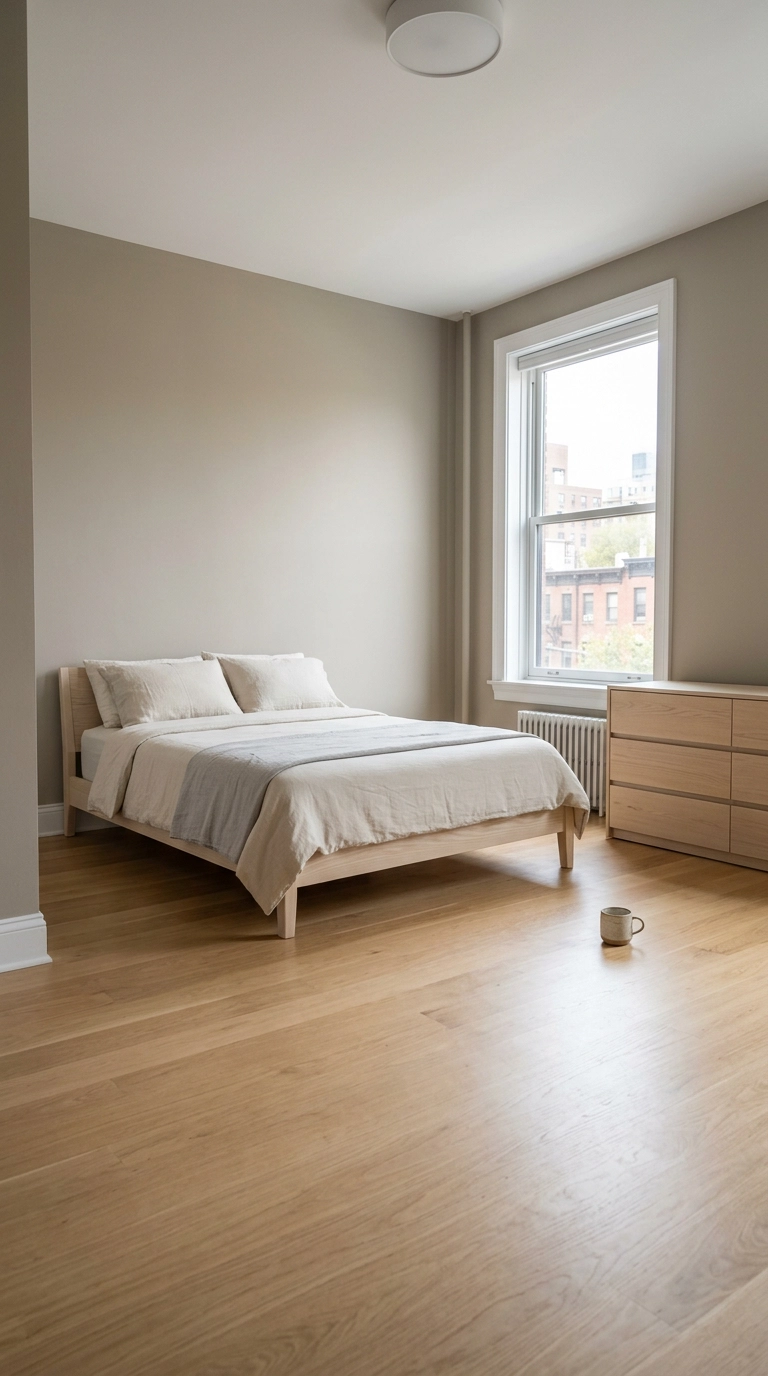 Nearly empty japandi bedroom with clear floor and a single ceramic object