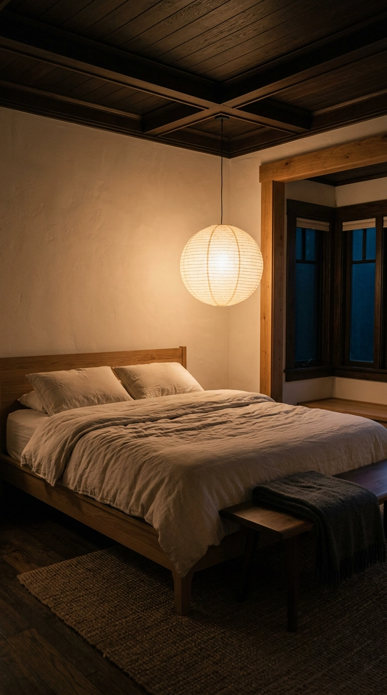 Round washi paper lantern glowing above a low oak bed in a japandi bedroom