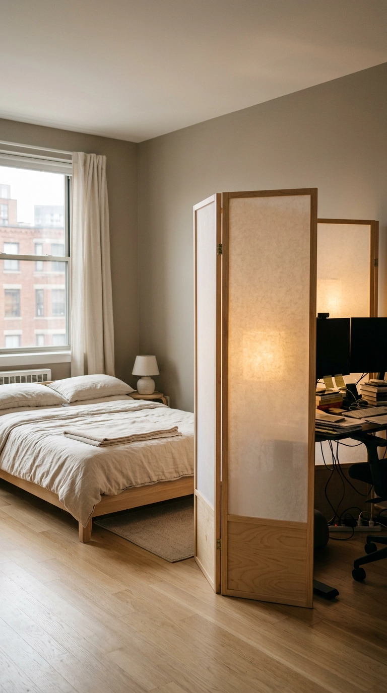 Rice paper folding screen separating a desk corner in a japandi bedroom