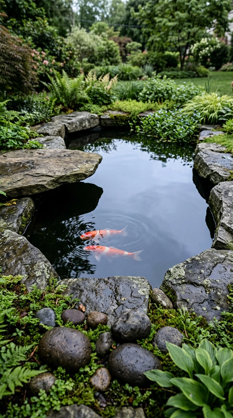 Small dark still pond with grey boulder edging and two koi below the surface