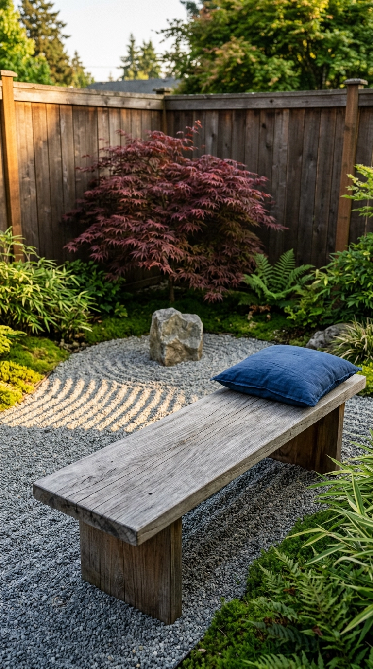 Weathered teak slab bench facing a Japanese maple across raked grey gravel at golden hour
