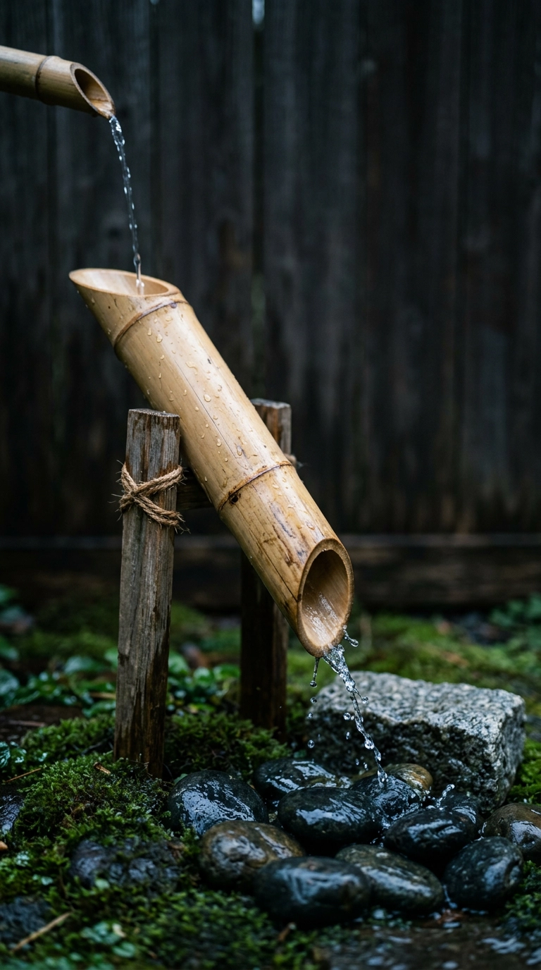 Pivoting bamboo deer scarer water feature pouring onto wet dark river stones