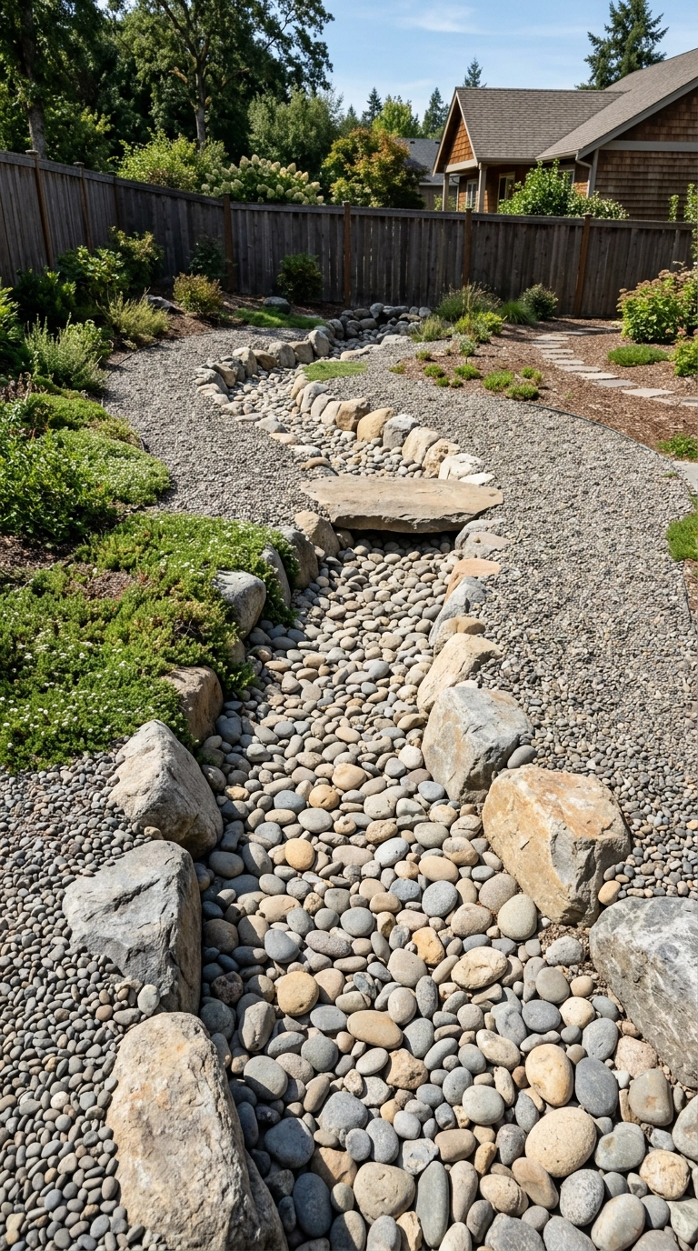 Winding dry creek bed of smooth river stones curving through a gravel garden