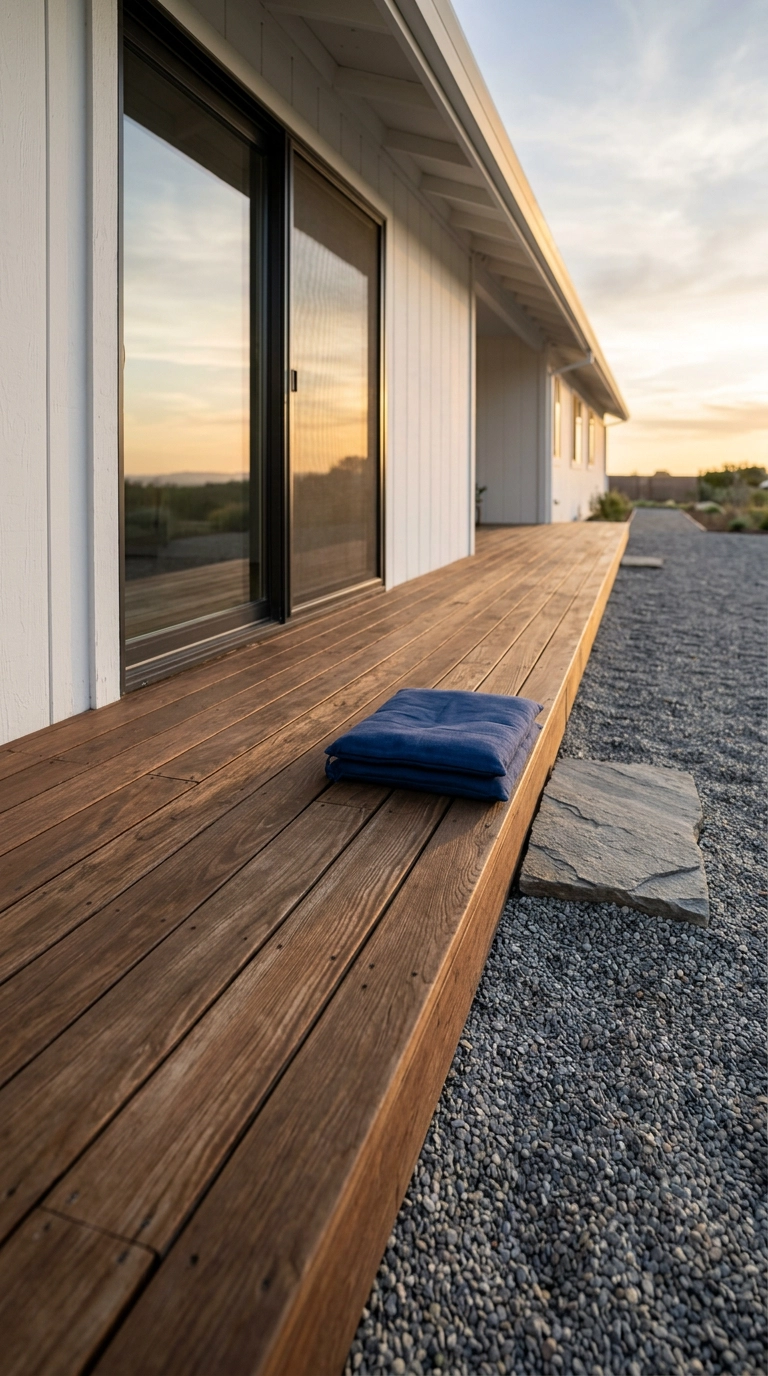 Low narrow wooden veranda deck running alongside a gravel garden at golden hour