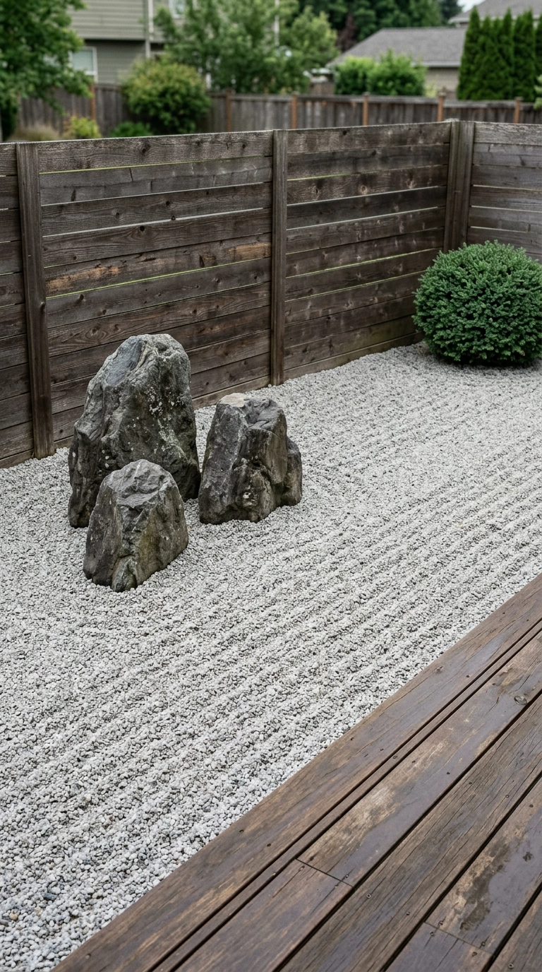 Raked grey gravel Japanese dry garden with three grouped boulders beside a cedar fence