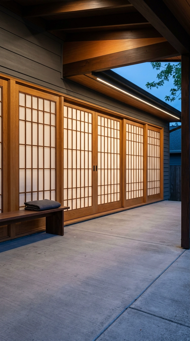 Backlit shoji-inspired sliding screen panels glowing on a covered concrete patio