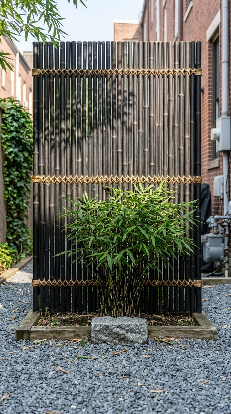 Black bamboo screen fence panel with cord lashings behind slim live bamboo canes