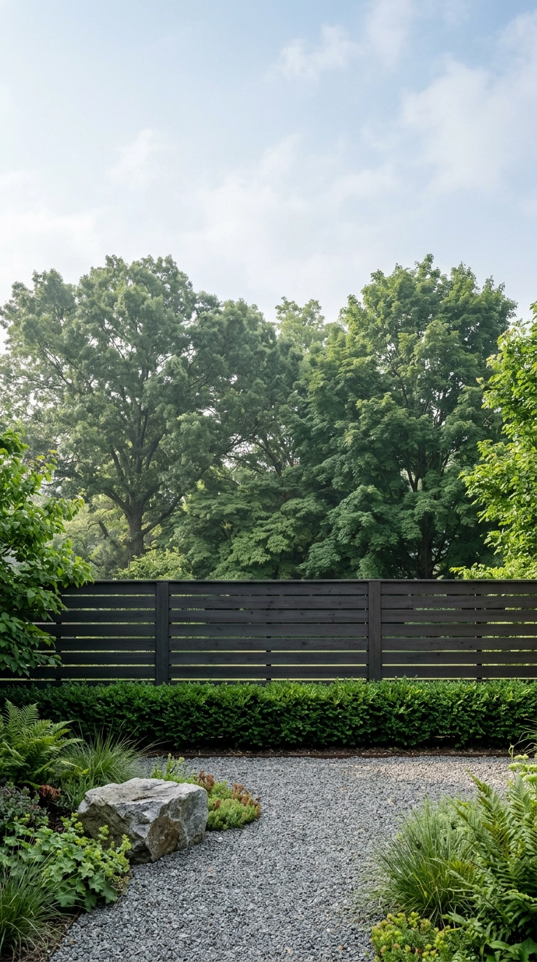 Low cedar fence framing a large neighboring tree canopy as borrowed garden scenery