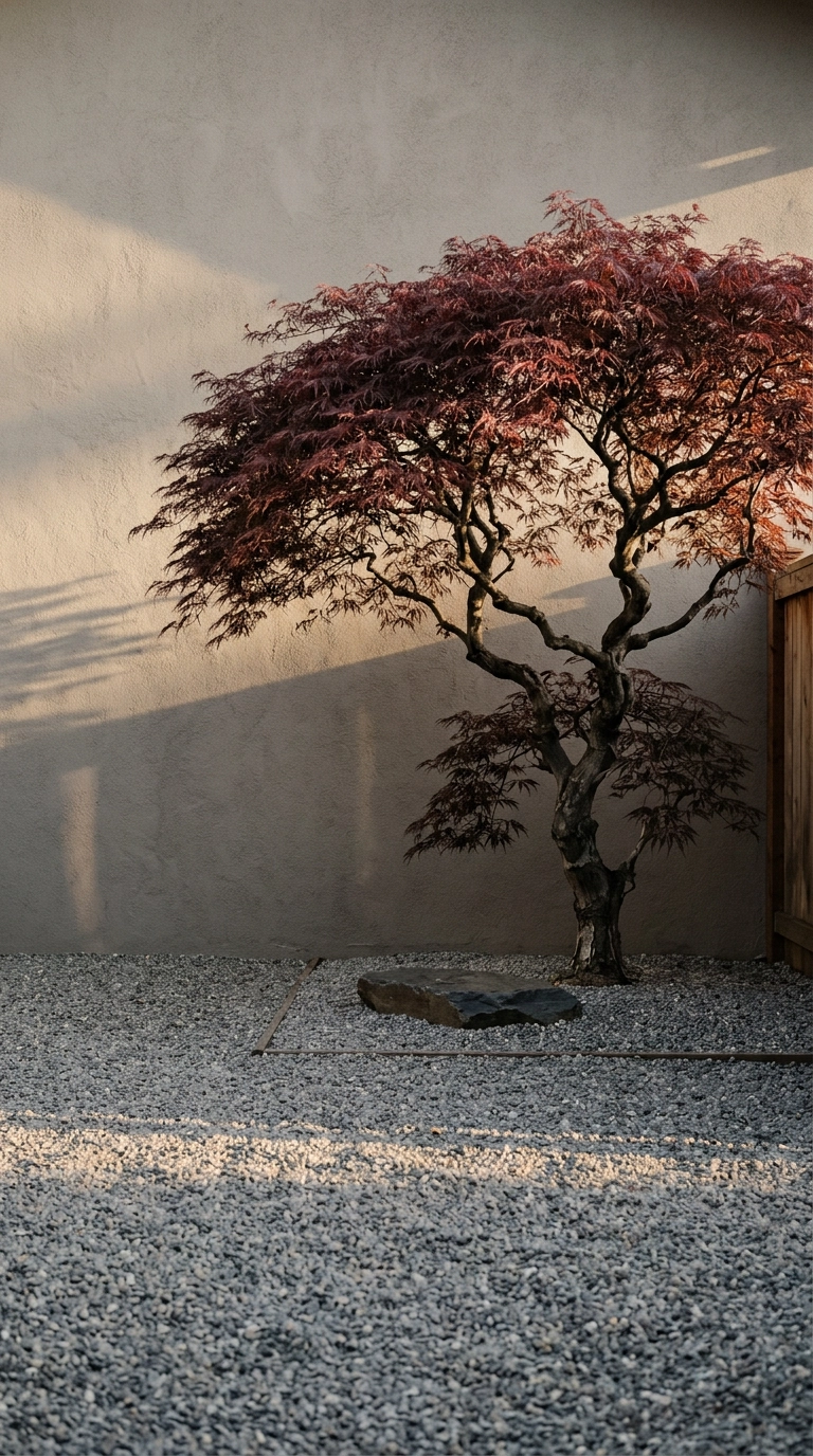 Burgundy lace-leaf Japanese maple standing alone against a grey stucco garden wall