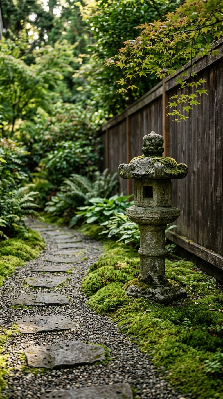 Weathered granite Japanese stone lantern at a curve in a gravel and stepping stone path