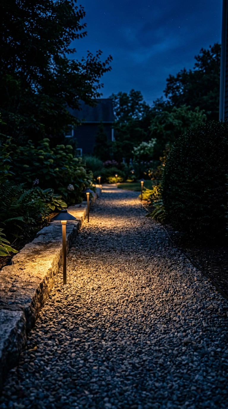 Warm low path lights casting pools of amber light on a gravel garden path at night