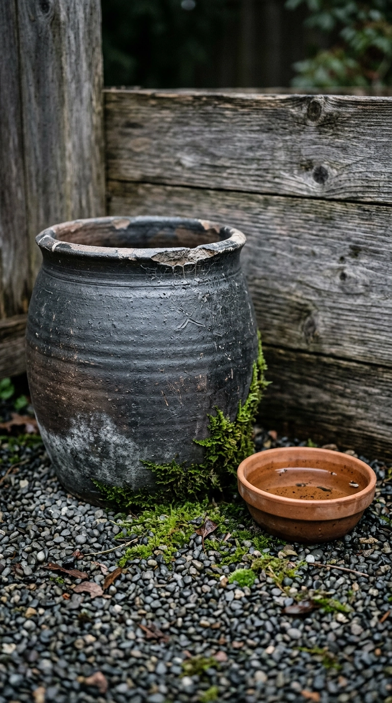 Weathered charcoal stoneware pot with chipped rim beside a small terracotta bowl on gravel