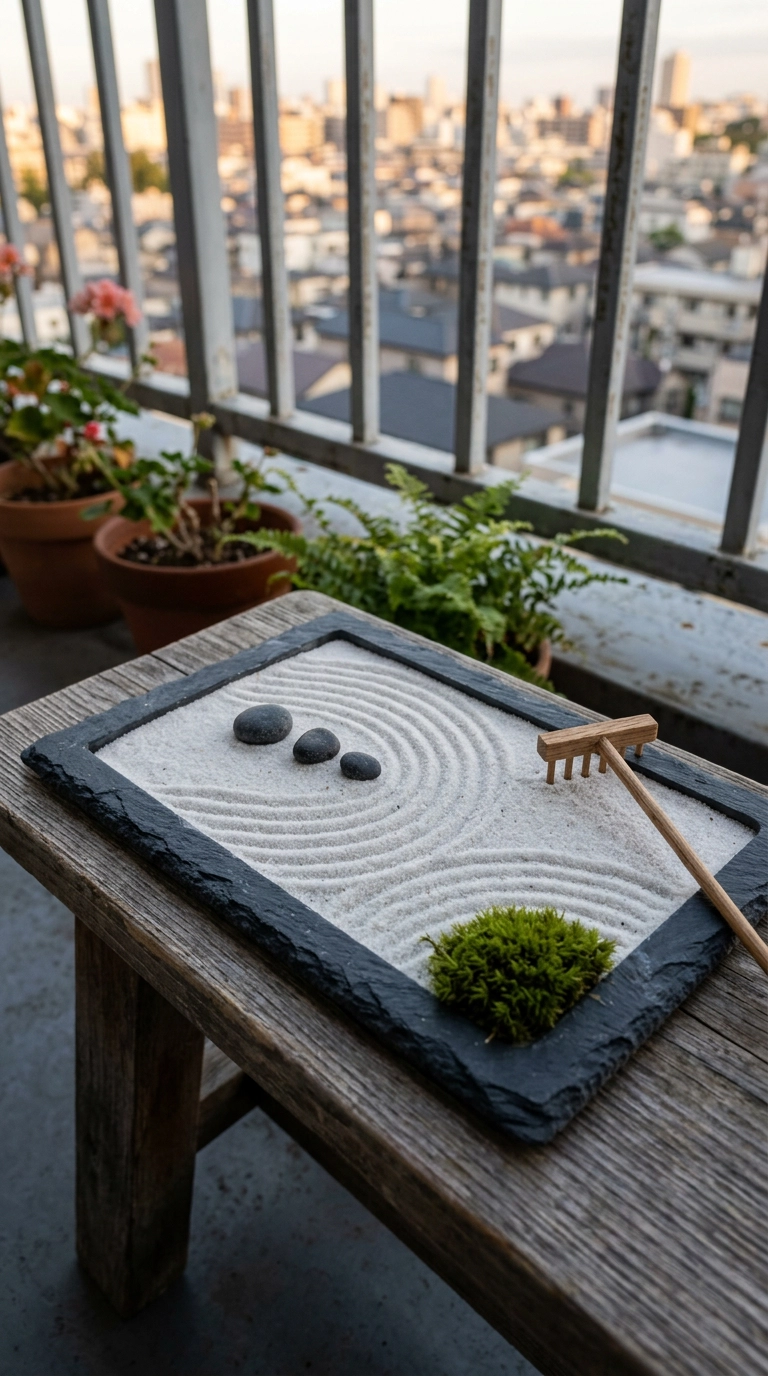 Miniature zen sand tray with raked lines and three pebbles on an apartment balcony