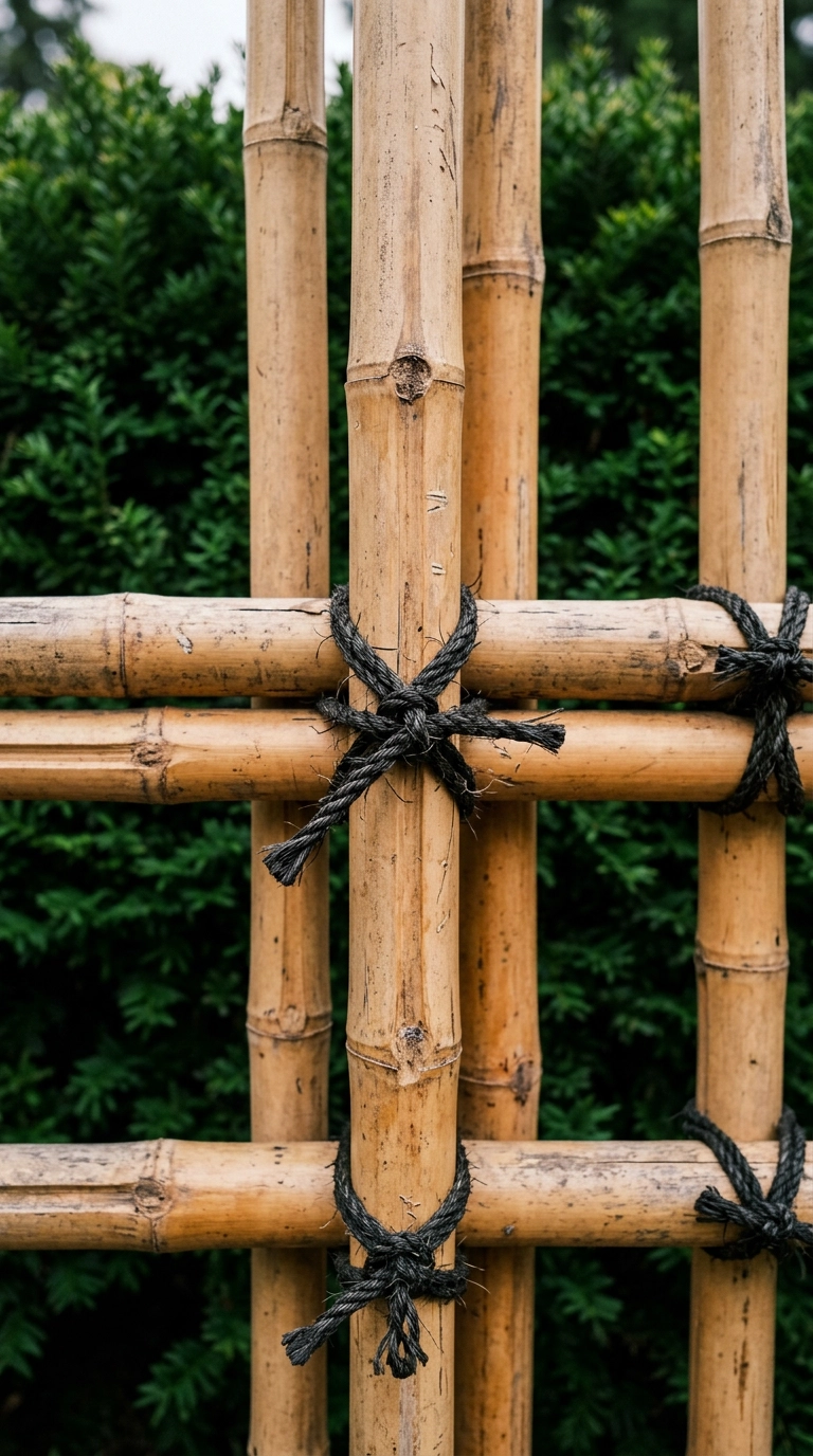 Close-up of tan bamboo fence poles lashed with black hemp cord knots