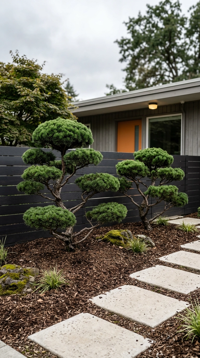Cloud-pruned layered green shrubs with exposed stems against a charcoal wood fence