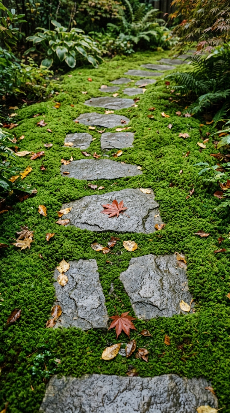 Irregular grey stepping stones surrounded by thick green moss viewed from above