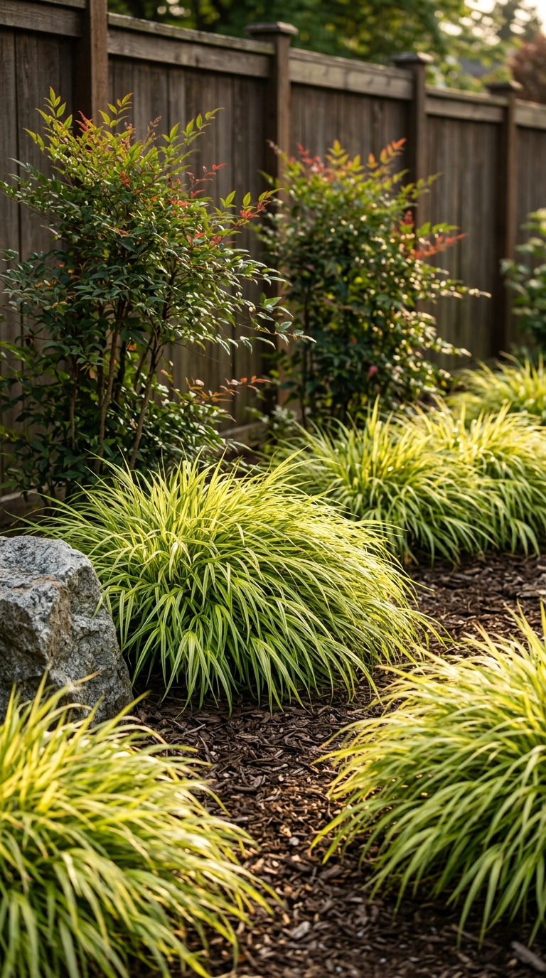 Chartreuse Japanese forest grass glowing in backlight with red nandina behind