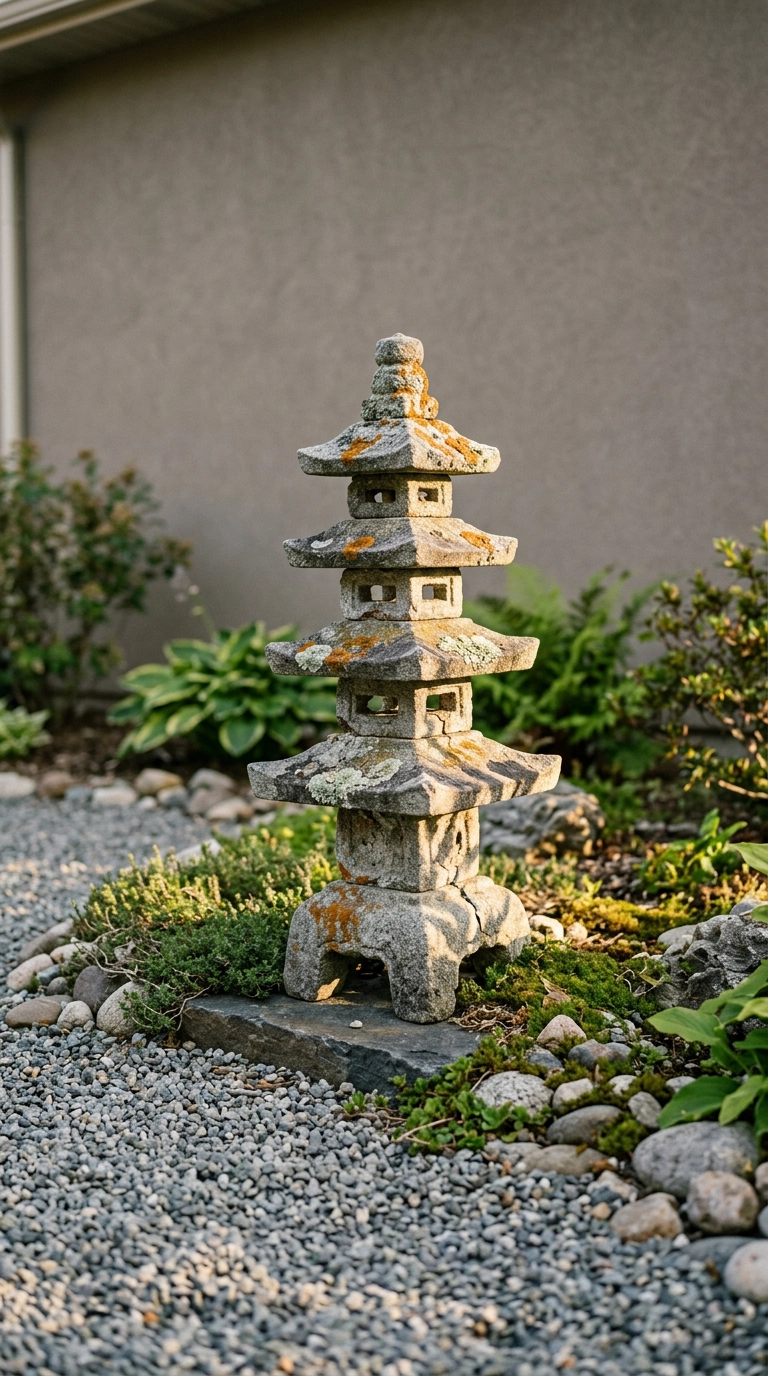 Weathered lichen-covered granite pagoda ornament at the edge of a gravel bed