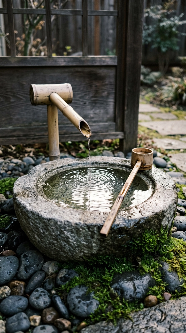 Granite water basin with bamboo spout trickling water over dark river stones
