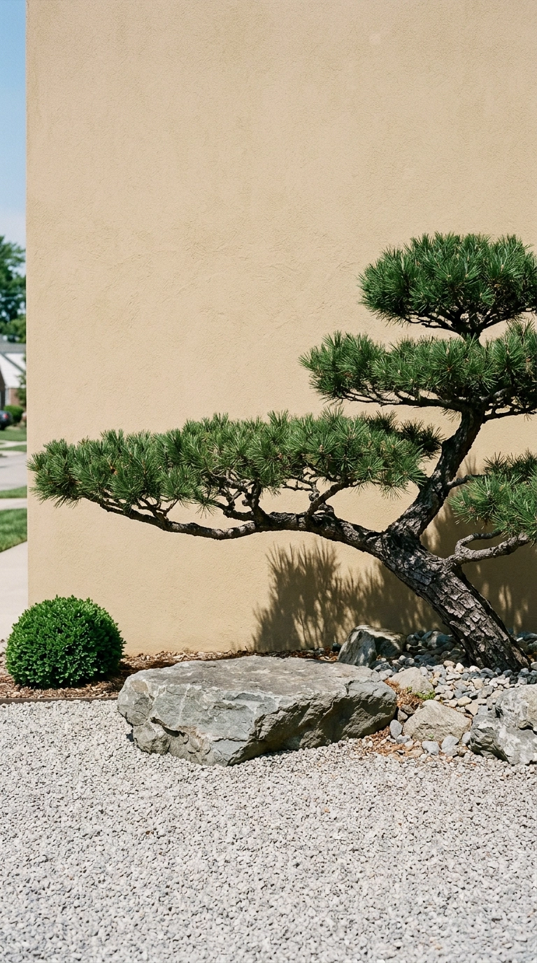 Japanese black pine with a horizontal branch trained out over a flat grey boulder