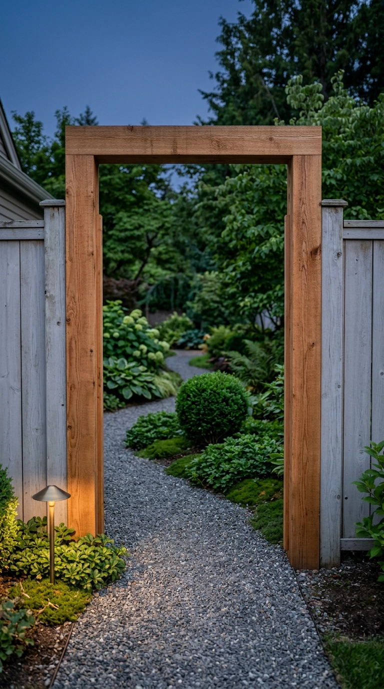 Simple cedar gateway frame opening onto a gravel garden path at dusk