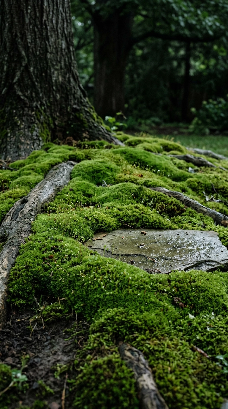 Undulating carpet of bright green moss with exposed tree roots in deep shade