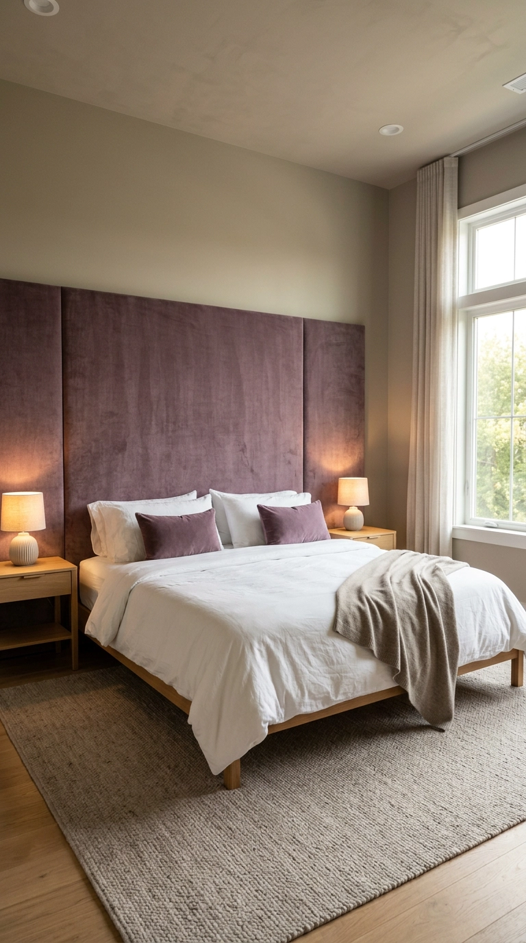 Full-width amethyst velvet upholstered headboard panel behind a king bed