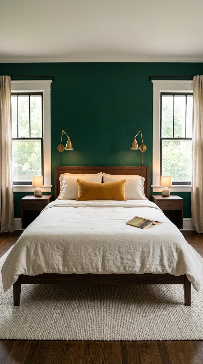 Emerald green bedroom walls with a single topaz gold velvet lumbar pillow