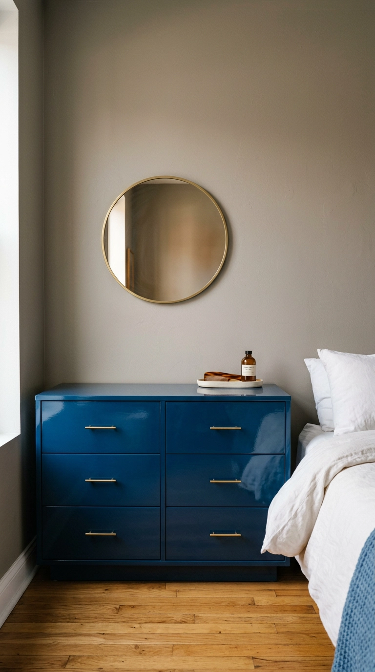 Vintage dresser refinished in glossy sapphire blue lacquer with brass pulls